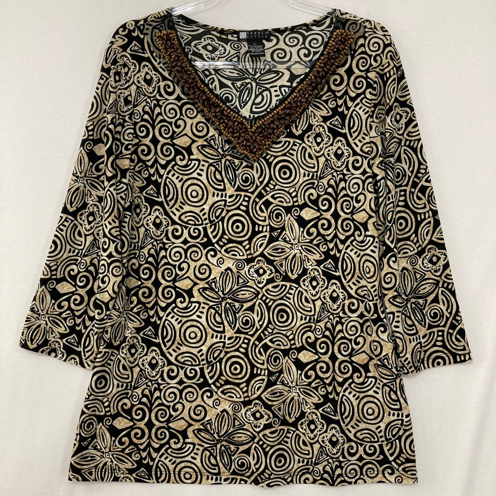 Carole Little Top size XL Tan Black Beaded V-Neck Abstract 3/4 Sleeve Stretch
